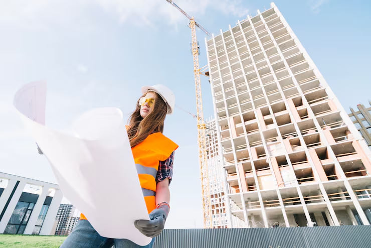 Revisión de planos frente a la estructura en construcción.